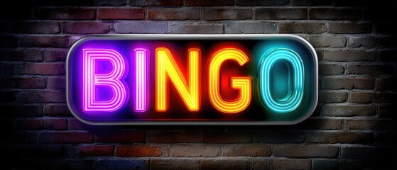 A vibrant neon sign displaying the word "BINGO," set against a dark brick background.