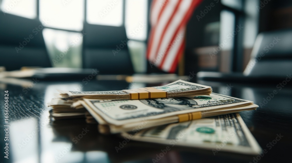 Poster Black table view with U.S. dollar and flag, symbolizing import/export tariff increases