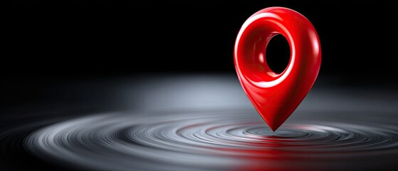 A glossy red location pin hovers above rippling water, creating a visually striking focal point against a dark background.