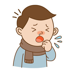 The child had a fever, was sneezing, and runny nose, illustration cartoon on white background