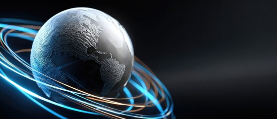 A digital representation of a globe encircled by dynamic light trails, symbolizing connectivity and global communication.