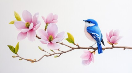 Obraz premium Blooming magnolia tree with perched blue bird, romantic watercolor art