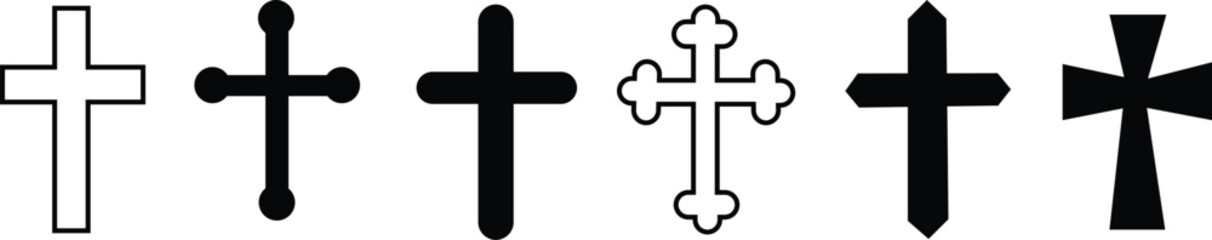 Obraz premium Christian cross silhouette icon set – filled style religious symbols for faith and spirituality: celtic cross, crucifix, inri, thorn crown, ornate cross, plain cross, broken cross, radiant cross