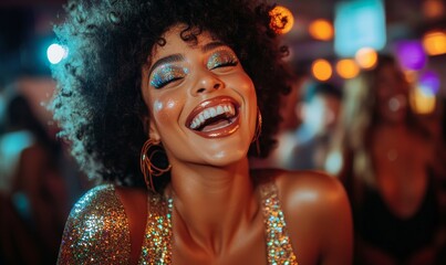 Candid and joyful Black African American drag queen woman with an afro, wearing glitter makeup and laughing in a gay city nightclub,  inclusivity and freedom, Generative AI