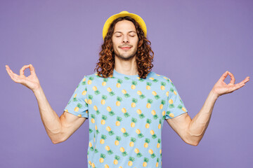 Young man wear blue beach t-shirt hat rest near hotel pool hold hands in yoga om aum gesture relax...