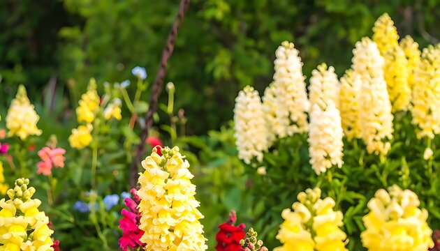 Colorful snapdragons in a garden setting.