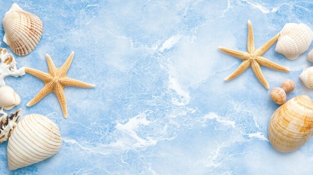 Blue-beige watercolor background with starfish and shells in seamless tropical ocean theme
