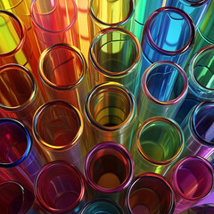 Overhead view of multiple colorful transparent tubes arranged closely together in a vibrant pattern