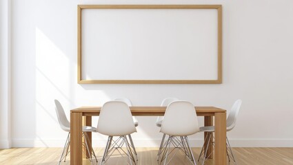 Dining room with wooden table and white chairs and blank wall art