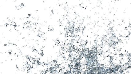 Water splash with scattered droplets displayed on a white background, suitable for beverage advertising, hydration campaigns, product packaging, and clean design projects.