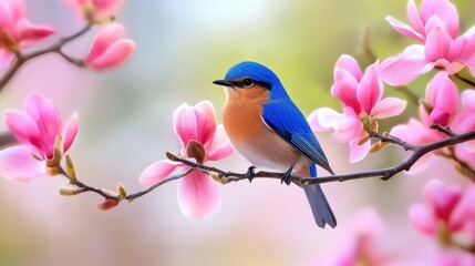 Bluebird perched on a blooming magnolia branch, pink petals and spring air in watercolor