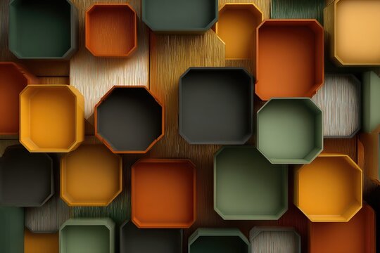 Octagonal and square boxes in autumnal hues on wood