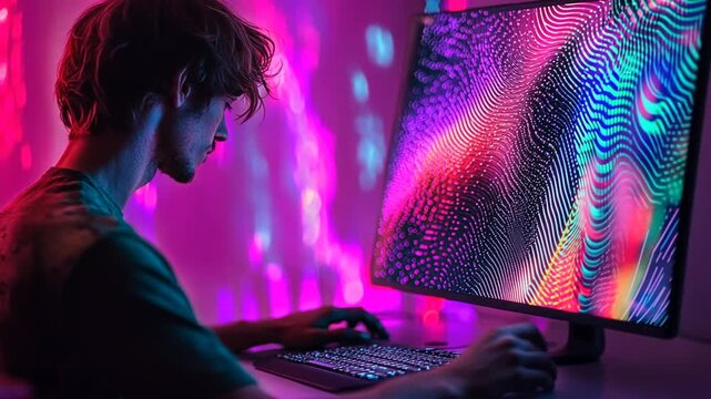 Person engrossed in computer work, vibrant lighting.