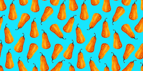 seamless pattern of watercolor pumpkins on blue background, hand painted illustration elements