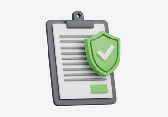 Clipboard with document and green shield icon showing approved status