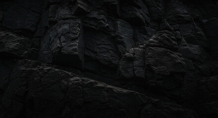 Close-up of a dark, textured rock face with shadows and varying shades of gray, creating a rugged and natural pattern.