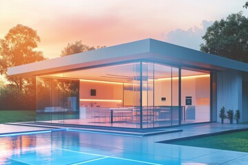 Fototapeta premium Modern glass house with bright interior and swimming pool at sunset in a serene environment