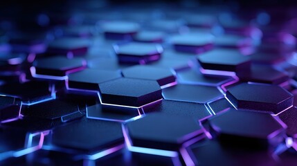 Obraz premium Abstract futuristic 3D background with blue-purple glowing hexagons on dark gradient, low-angle depth blur closeup for tech UI design, sci-fi visuals and digital installations.