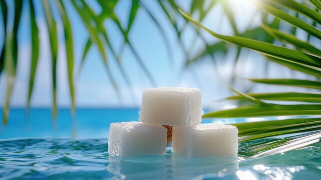 Bright sun shines over coconut jelly cubes as ocean breeze ruffles palm leaves in the background