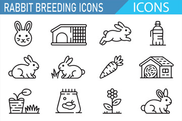 Fototapeta premium Simple Line Art Icons Representing Rabbit Breeding, Food, and Cages