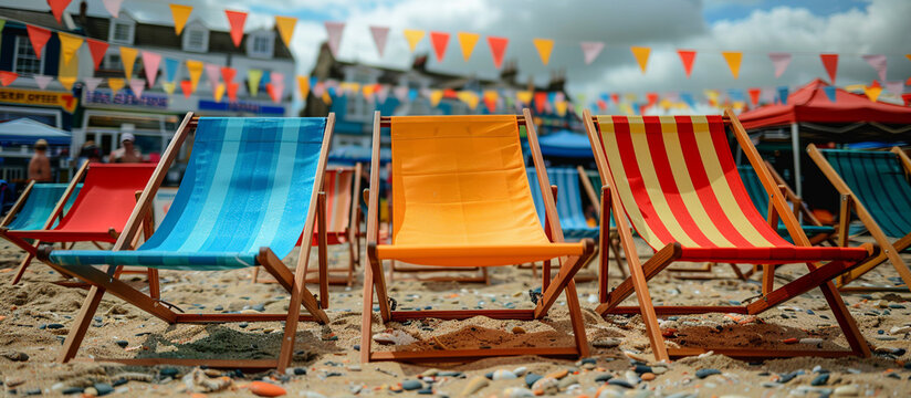 Colorful beach chairs on sandy shore.