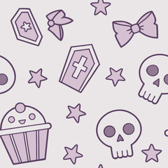 Cute purple skulls bows coffin stars and cupcake pattern vector
