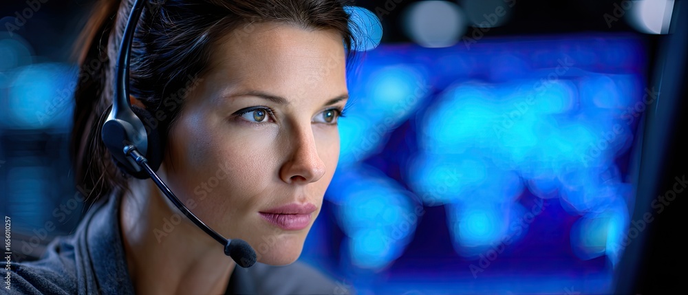 Poster a focused woman with a headset gazes intently at a computer screen displaying vibrant blue graphics,