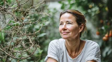 Woman in relaxed pose meditating outdoors in forest. Tranquil relaxing atmosphere
