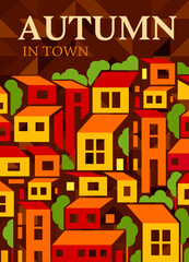 Fototapeta premium Autumn town with foreat. Vector illustration. Colorful poster.