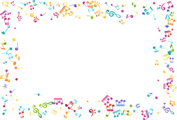 Frame from rainbow flying musical notes, starry and heart design elements. Creative children music. Colorful vector decoration.