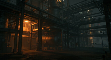 Gloomy industrial interior, dimly lit factory at night, showing complex machinery and metal structures.