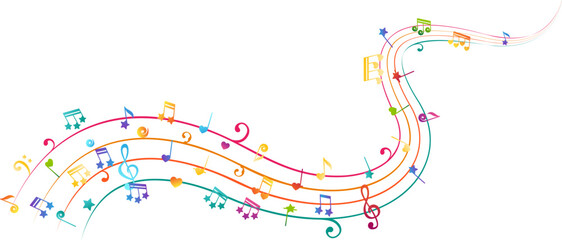 Rainbow curve from flying musical notes, starry and heart design elements. Creative children music. Colorful vector decoration.