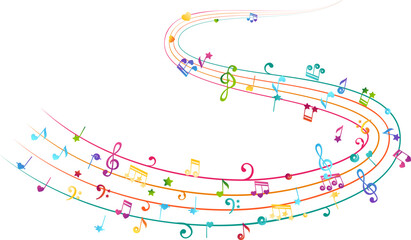 Swirl from rainbow flying musical notes, starry and heart design elements. Creative children music. Colorful vector decoration.