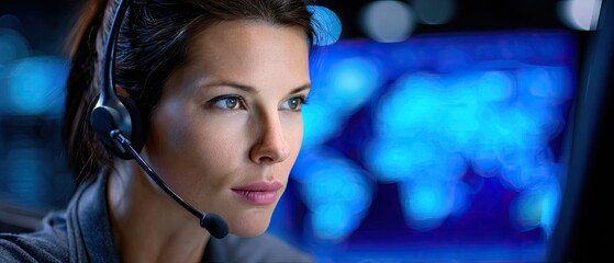A focused woman with a headset gazes intently at a computer screen displaying vibrant blue graphics, suggestive of a tech or communication environment.