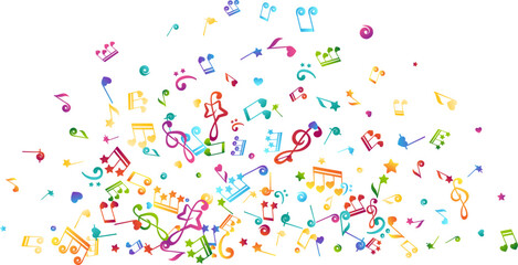 Border from rainbow flying musical notes, starry and heart design elements. Creative children music. Colorful vector decoration.