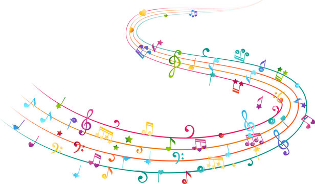 Swirl from rainbow flying musical notes, starry and heart design elements. Creative children music. Colorful vector decoration.