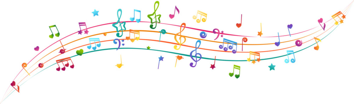 Wave from rainbow flying musical notes, starry and heart design elements. Creative children music. Colorful vector decoration.