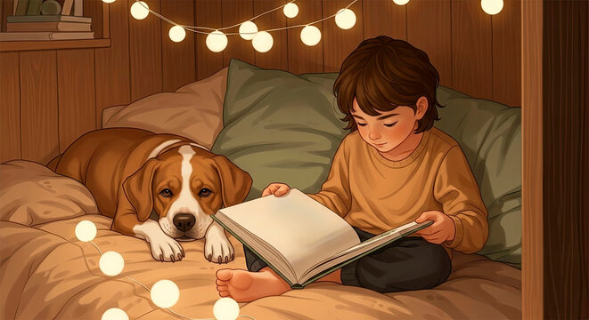 A boy reads a book on a bed next to his dog with illuminated string lights for Dog Day. Literacy and animal companion concept