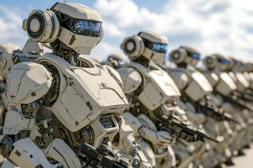 Futuristic robots marching in formation under a clear sky during a military exercise
