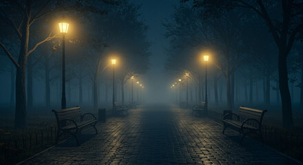 A misty park pathway illuminated by lamplights, creating a serene and tranquil atmosphere at dusk.