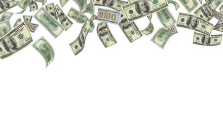 One hundred dollar bills are falling down from above isolated on transparent background