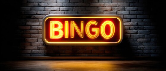 A vibrant neon "BINGO" sign illuminates a dark, textured brick wall, creating an inviting atmosphere for game enthusiasts.