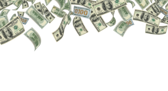 One hundred dollar bills are falling down from above isolated on transparent background