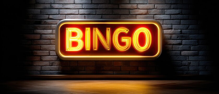 A vibrant neon "BINGO" sign illuminates a dark, textured brick wall, creating an inviting atmosphere for game enthusiasts.