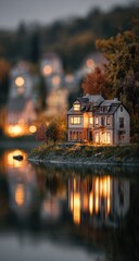 Fototapeta premium Miniature house by a lake at twilight
