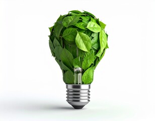 "Eco Light Bulb Made of Green Leaves on White Background"