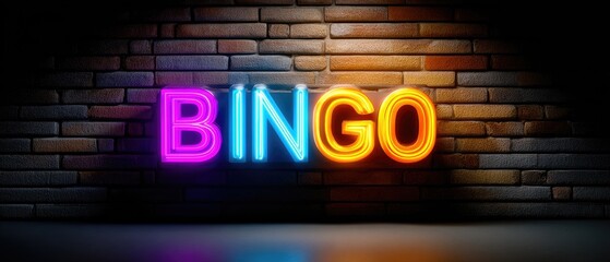A vibrant neon sign reading "BINGO" against a textured brick wall, creating an inviting atmosphere for games and entertainment.