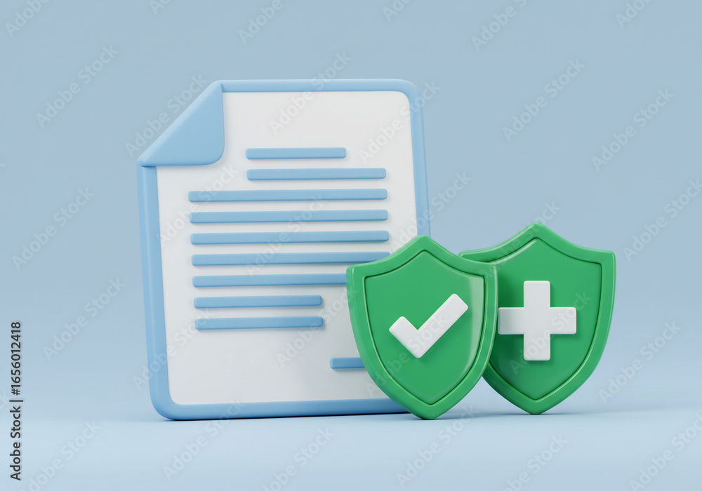 Fototapete a 3d rendering of a document with blue trim next to two green shields, one with a checkmark and one 