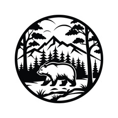 Bear in Forest with Mountain View and White Background