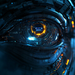 Close up of a futuristic eye with intricate circuitry and glowing elements in a dark environment